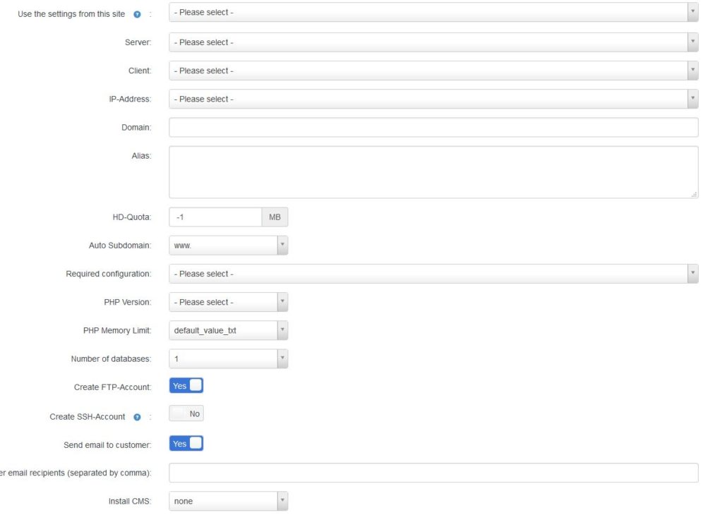 Setting up a new website using the wizard